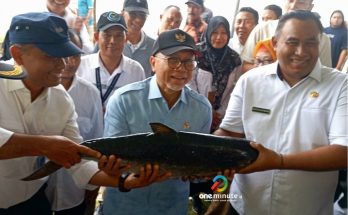 Menko Bidang Pangan Zulkifli Hasan (tengah) bersama Kades Pangkah Wetan Syaifullah Mahdi (kanan) di kampung Bandeng di Desa Pangkah Wetan, Kecamatan Ujungpangkah, Kabupaten Gresik pada Selasa, 27 Januari 2026 ( Foto : Istimewa)